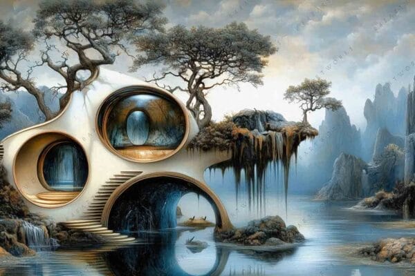 Futuristic digital painting of a surreal house and trees by a serene lake.