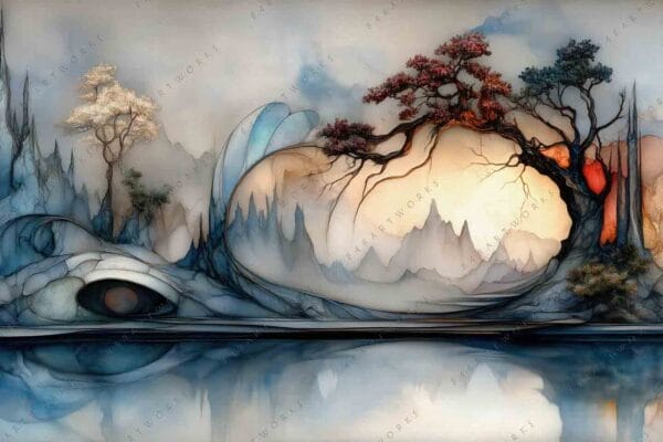 "Surreal landscape painting with abstract trees, flowing shapes, in blue and orange tones."
