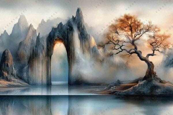 "Digital artwork of misty mountains and an arched tree over reflective water."