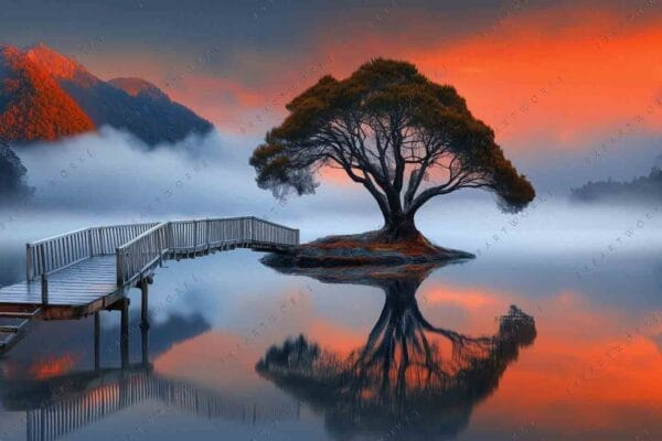 Digital painting of a lone tree by a pier, mountains, and a vibrant sunset sky.