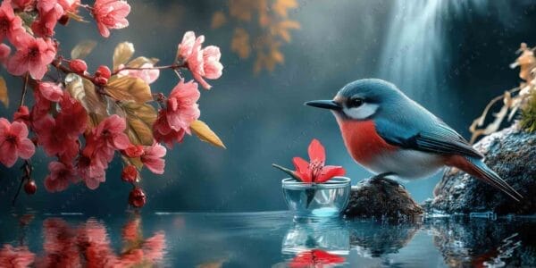 Digital painting of a colorful bird beside pink flowers and reflections on water.
