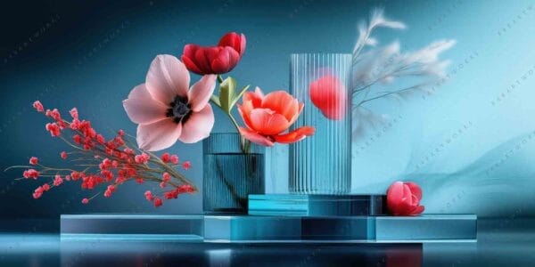 "Digital artwork of red flowers in blue glass vases against a soft gradient background."