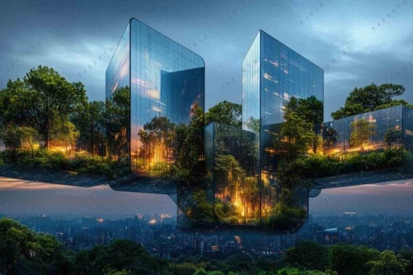 Futuristic digital art of a floating glass building covered in trees at sunset.