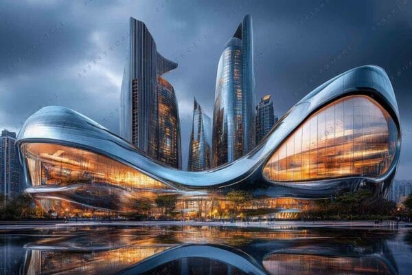 Futuristic digital artwork of illuminated skyscrapers and modern architecture in gray and orange tones.