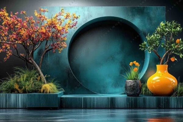 "Digital art of blue-green circle backdrop with trees and orange vase arrangement."