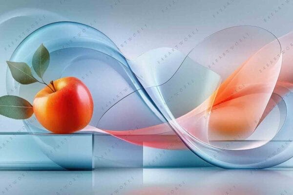 "Digital art of a red apple with leaves in a wavy glass-like structure."