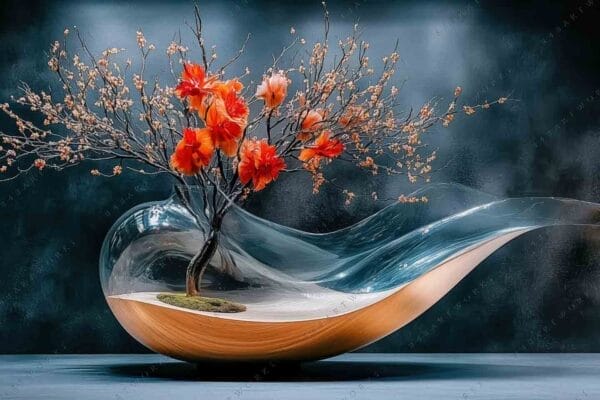 "Artistic photo of orange blossoms in a flowing glass sculpture with dark background."