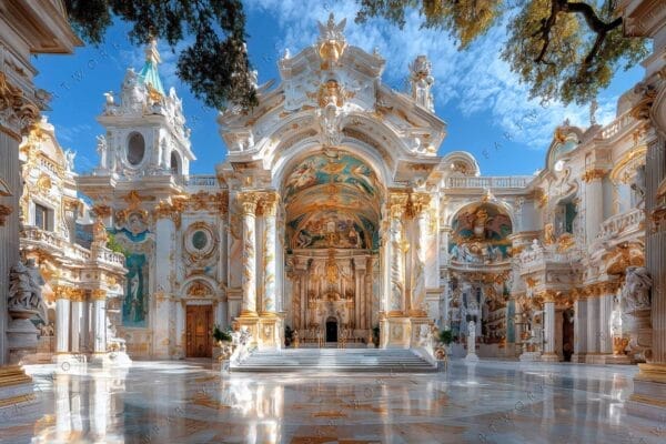 Photorealistic digital painting of an ornate palace interior with intricate gold and white details.