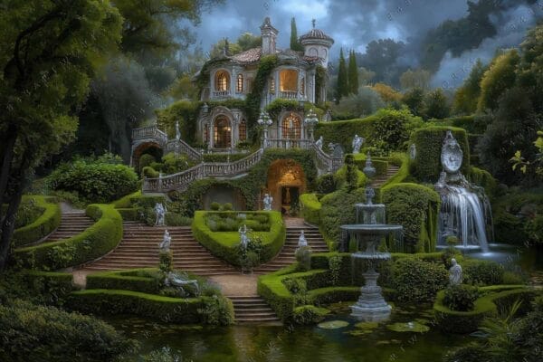 Digital painting of a grand villa in lush green gardens with statues and fountains.