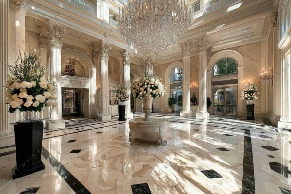 "Luxurious hotel lobby with chandeliers, ornate columns, and floral arrangements on marble floors."