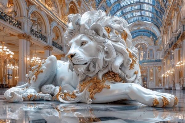 Digital art of a white marble lion statue with gold accents in ornate hall.
