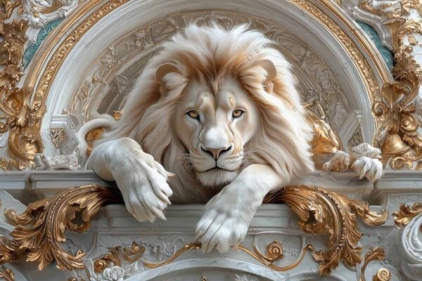 Digital painting of a majestic white lion with ornate gold and white detailing.