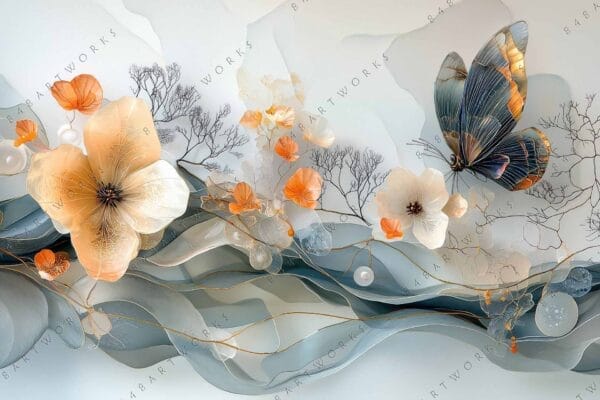 Surreal digital artwork featuring flowers and butterfly in beige, orange, and blue shades.