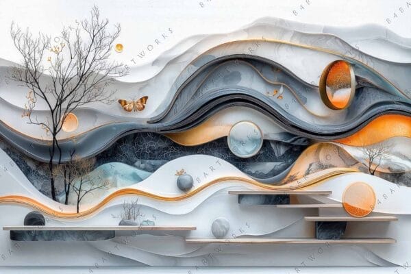 "Abstract digital art with wavy layers, trees, and butterfly in orange, gray, and white."