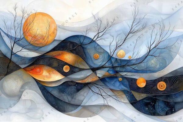 Abstract digital painting of swirling branches and suns in blue, orange, and gray tones.