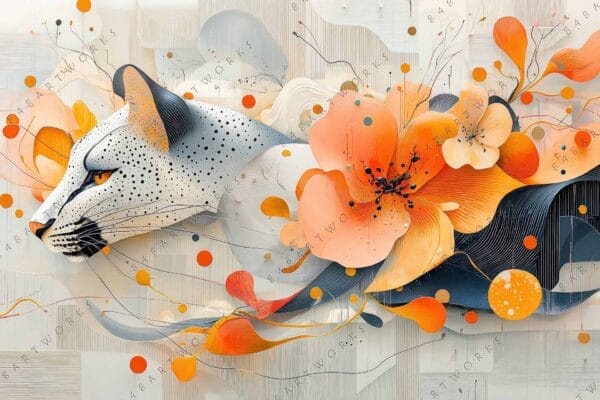 "Digital art of a leopard with vibrant flowers in orange and gray tones."