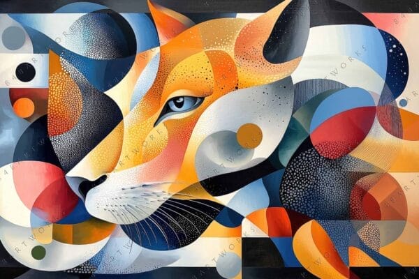 "Geometric digital art of a stylized lion face in vibrant blue, orange, and gray."