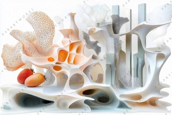 Futuristic digital artwork featuring abstract organic shapes in soft white and orange hues.