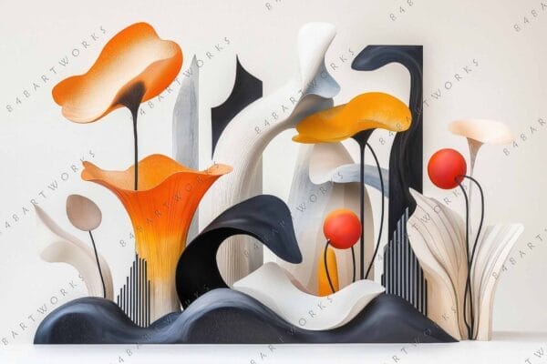"Abstract digital art with bold orange and black organic shapes, featuring curved forms."