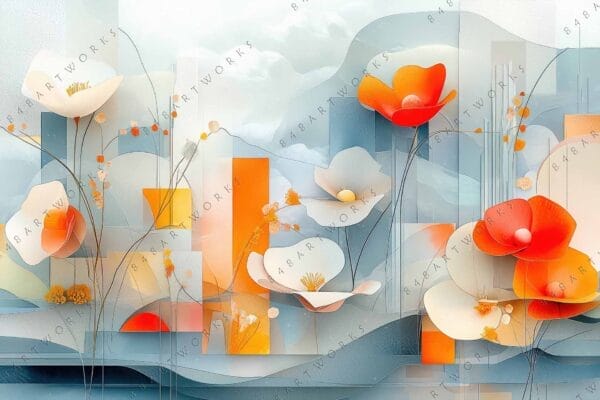 "Abstract digital art of red and white flowers on a geometric blue and orange background."
