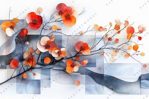 Abstract digital artwork of orange flowers on branches with a geometric blue-gray background.