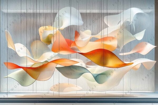 "Contemporary art installation with flowing fabric in orange, white, and yellow hues."