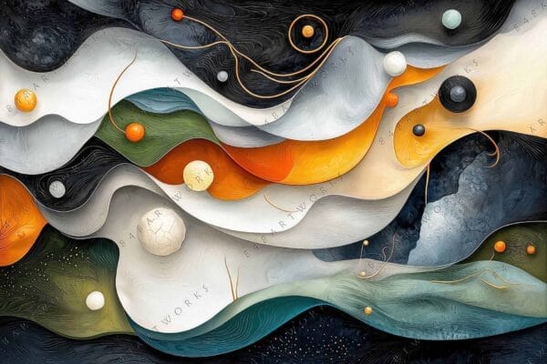 "Abstract digital art with swirling white, orange, green waves and spherical elements."