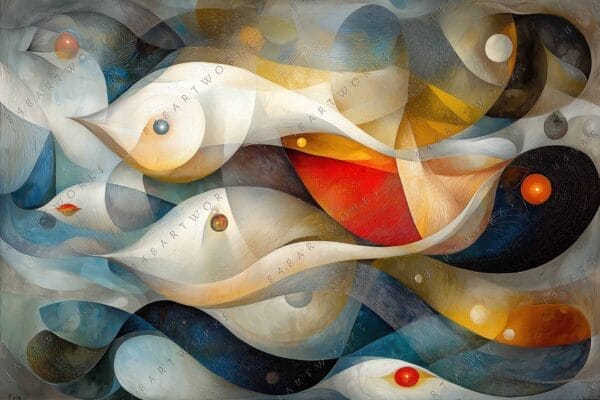 "Abstract digital painting of flowing fish shapes in earthy and blue tones."