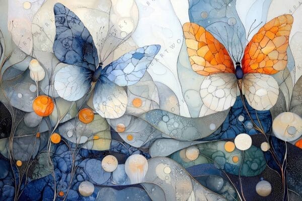 "Abstract digital art of blue and orange butterflies amidst swirling circular patterns."