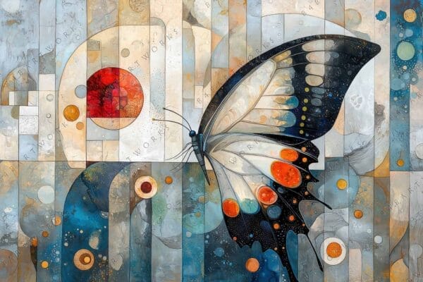 Abstract digital art of a butterfly on geometric patterns in blue, orange, and gray.