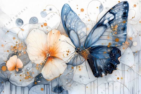 "Digital artwork of a blue butterfly and orange flowers with abstract details."