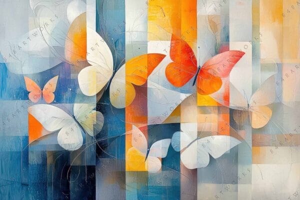 "Abstract digital art of colorful butterflies on a geometric blue and orange background."