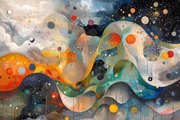Abstract digital painting with swirling waves, vibrant colors, and intricate geometric patterns.