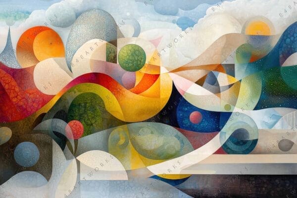 Abstract digital painting with colorful geometric shapes in orange, blue, and green tones.