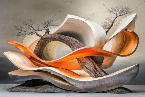 Abstract digital artwork of tree slices with curling wood and orange accents.