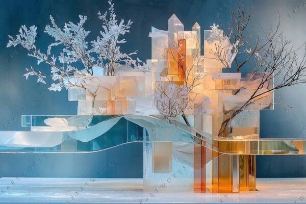 "Abstract digital art with icy branches and geometric structures in cool and warm tones."