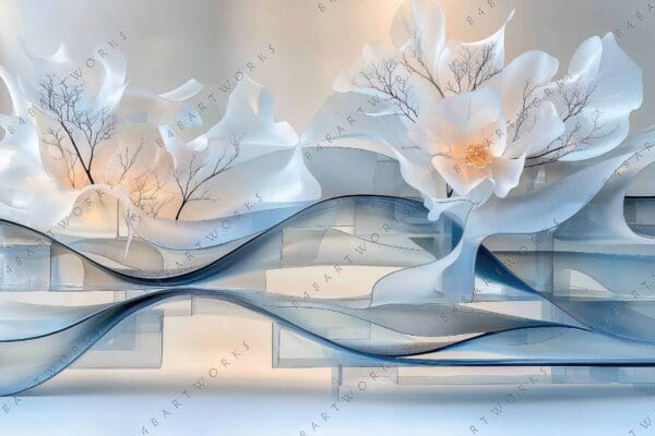 "Digital art of abstract white flowers with wispy branches, blue and gray tones."