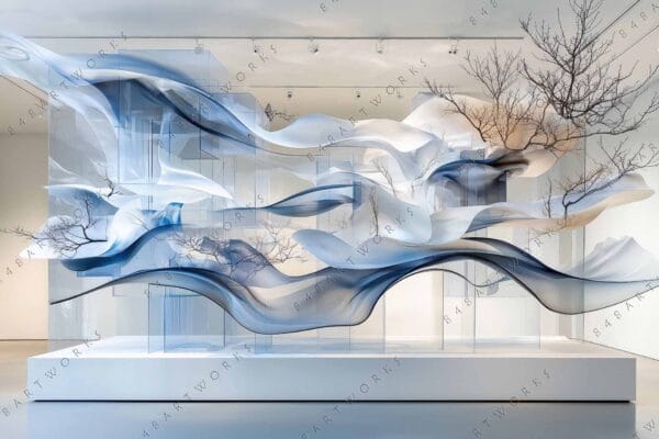 "Digital art installation with flowing blue and white shapes and tree branches."