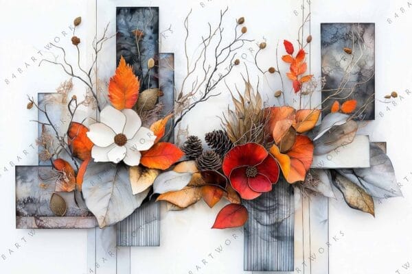 "Digital art of vibrant autumn leaves and flowers on geometric gray background."