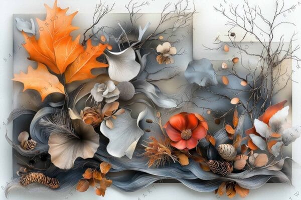 Digital artwork featuring autumnal leaves and flowers in vibrant orange and muted gray tones.
