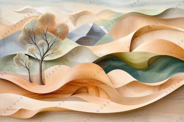 "Abstract digital art of layered hills with trees in earthy tones."