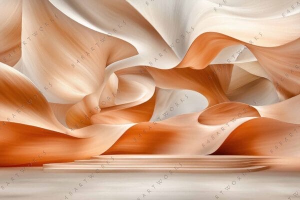 "Abstract digital art with flowing orange and white wave-like forms."