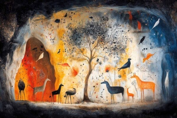 "Digital painting of stylized animals and tree in earthy tones on cave-like background."