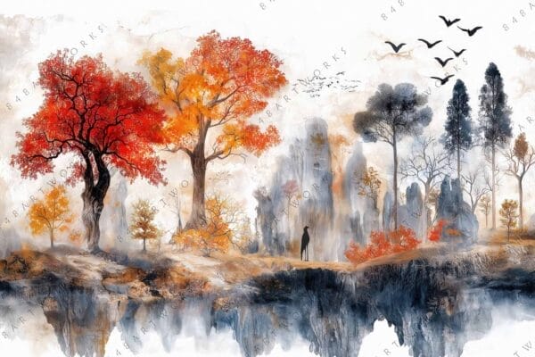 Digital painting of misty forest landscape with vivid red and orange trees.
