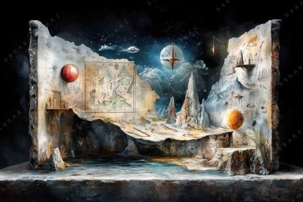 "Surreal digital artwork of floating maps and planets in a cosmic landscape."