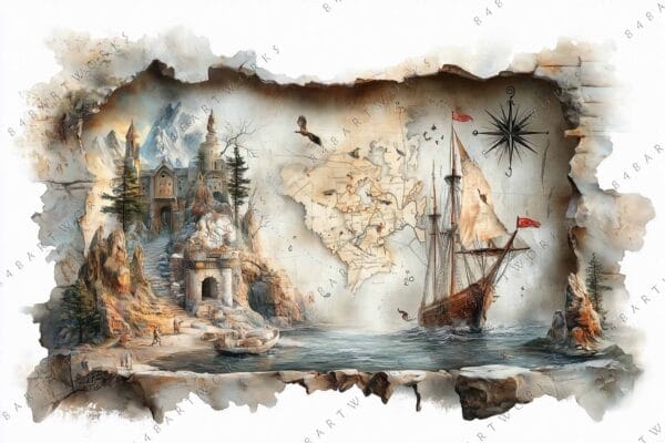 "Fantasy digital painting of castle and ship on aged map background in earthy tones."