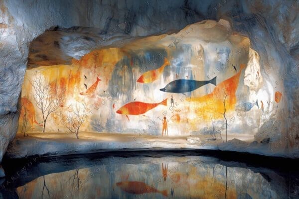 Abstract digital painting of colorful fish and figures on a textured cave wall.