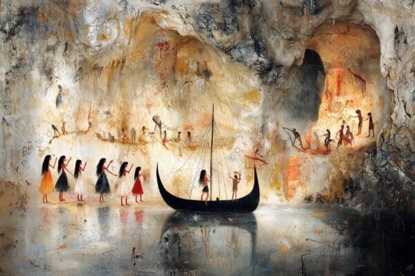 Cave painting inspired artwork depicting figures and a boat in earthy tones.