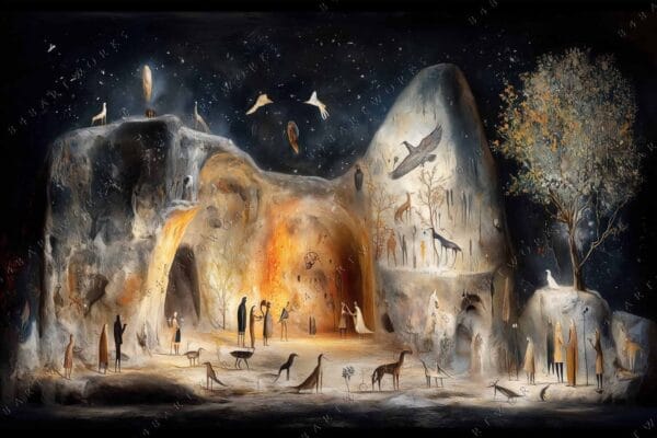 Surreal digital painting of cave with animals and figures, in warm and dark tones.