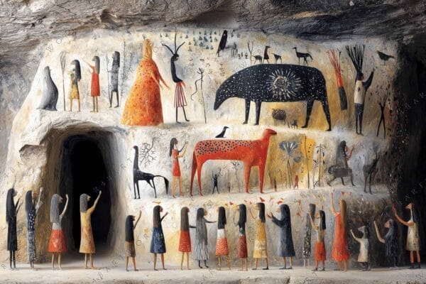 "Digital painting of cave art with stylized human and animal figures in earthy tones."